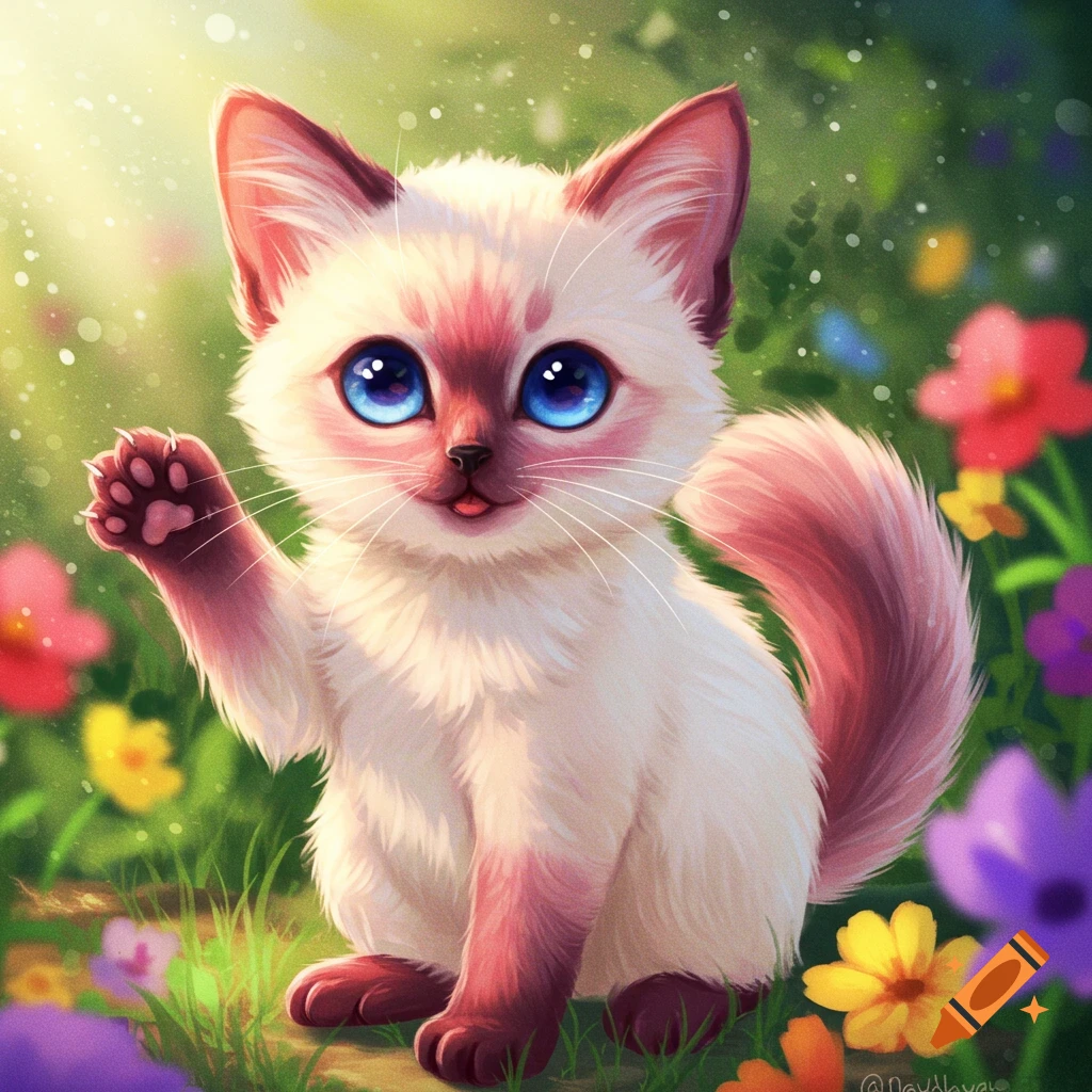 A cute Siamese cat is waving in a flowery garden.