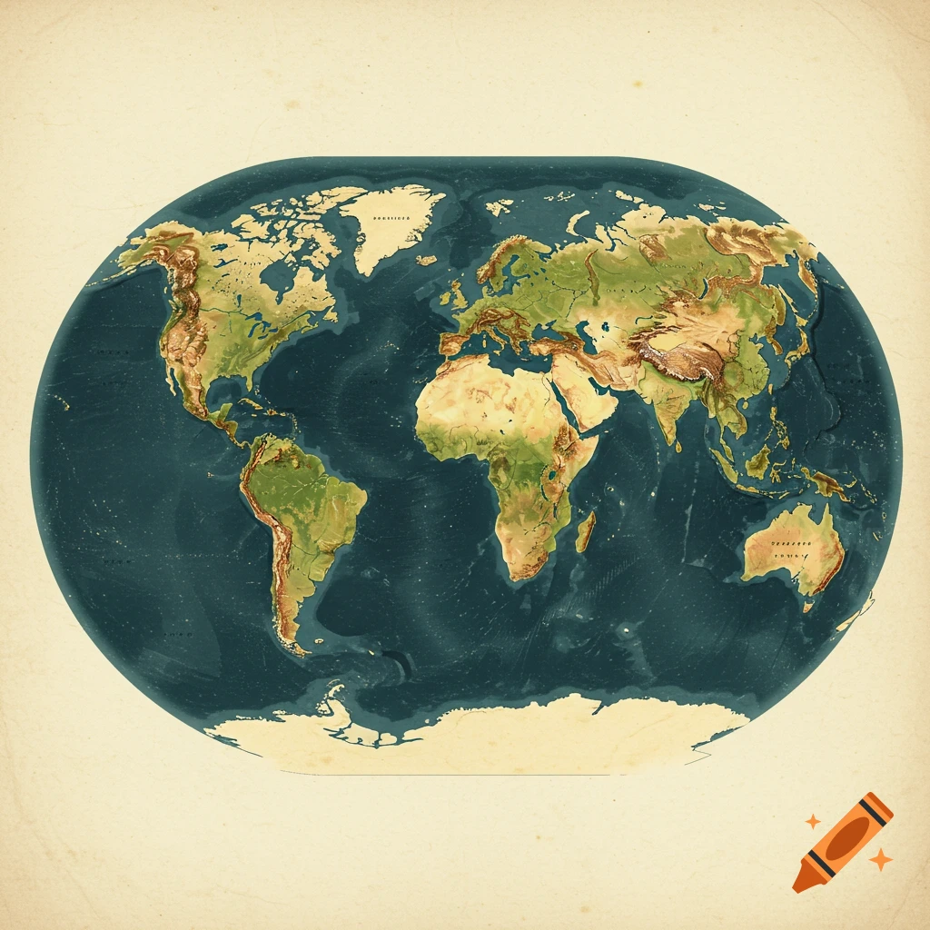 An elevated relief map of the world on vintage paper.