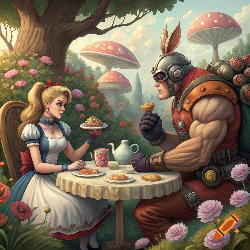 Alice has a tea party with Duke Nukem in a fantasy garden with giant mushrooms and roses.