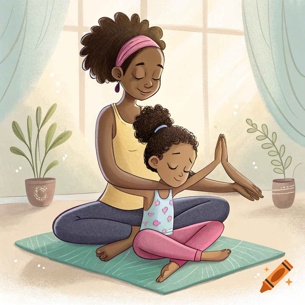An illustration of a mother and daughter doing yoga together.