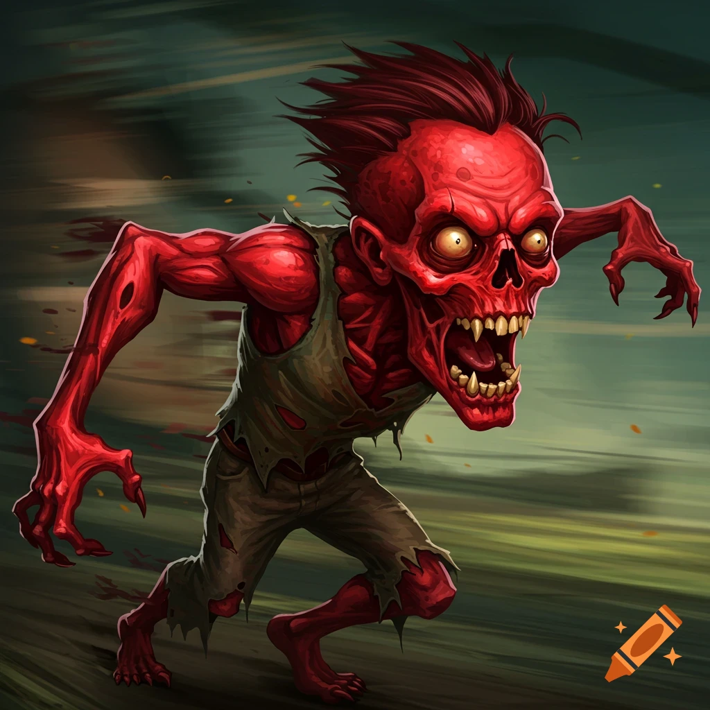 Red-skinned zombie running with mouth open.