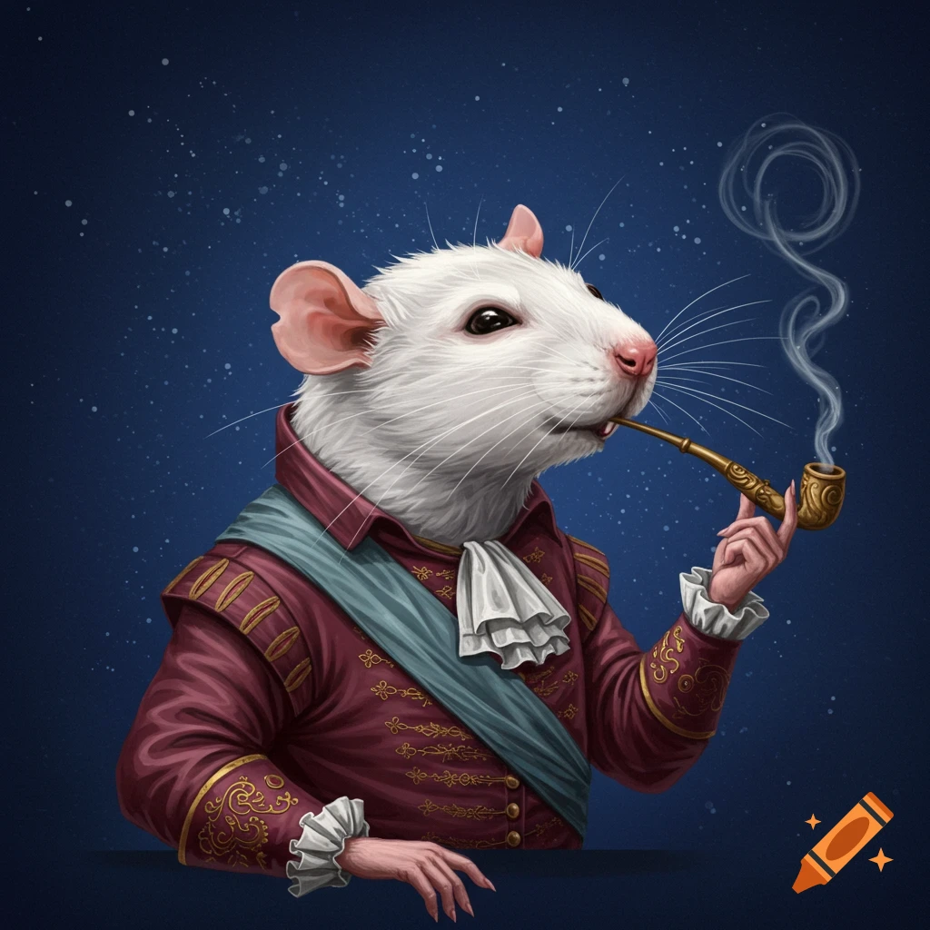 A white rat in a fancy medieval jacket smoking a pipe.