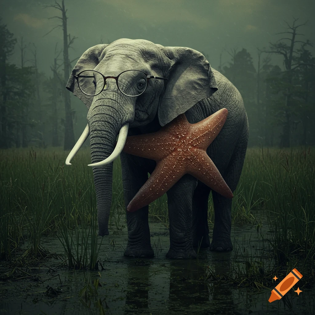 A surreal image of an elephant wearing glasses and holding a starfish in a swamp.