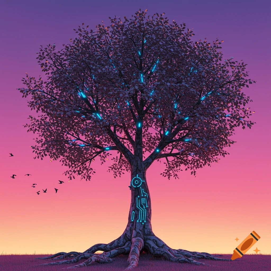 A tree with glowing blue circuit patterns on the trunk and branches against a pink and purple sunset sky with birds flying.