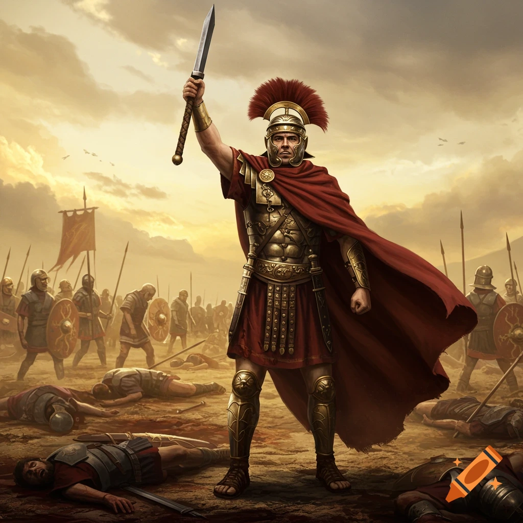 A victorious Roman soldier raising a sword on a battlefield with fallen enemies.