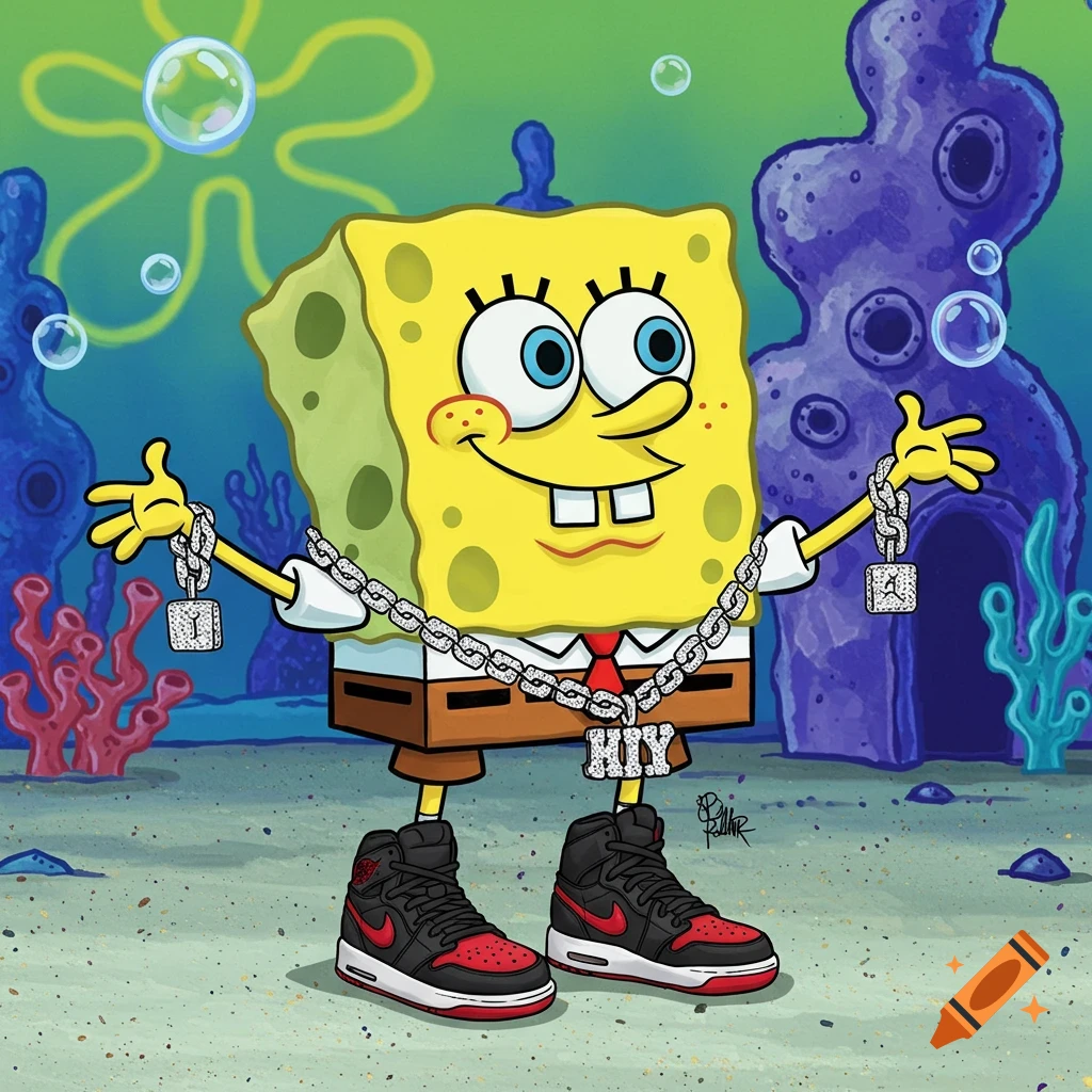 SpongeBob SquarePants wears diamond chains and red and black sneakers underwater in a cartoon.