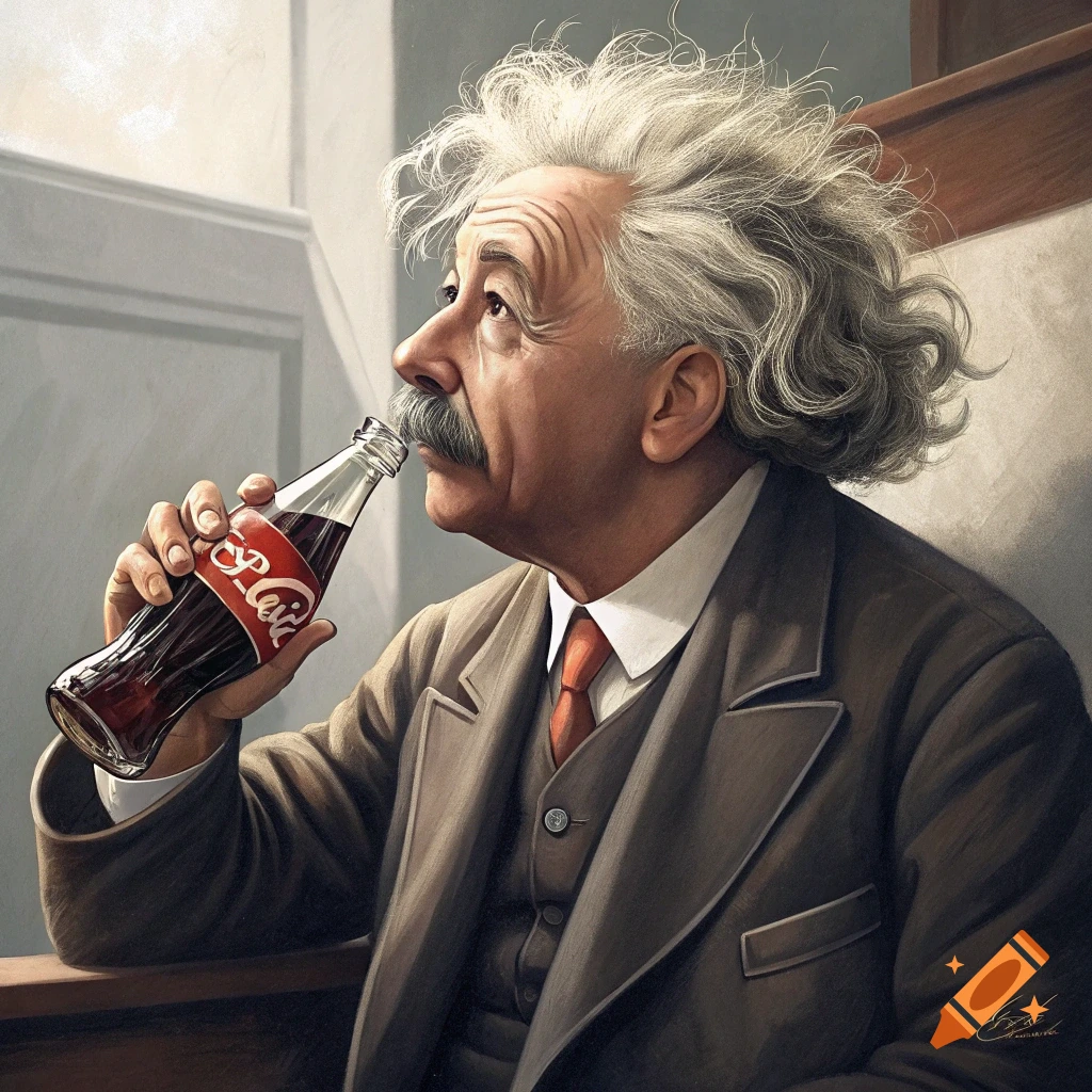 Illustration of Albert Einstein drinking a bottle of soda.
