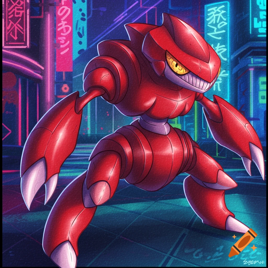 Red Genesect in a neon city street.