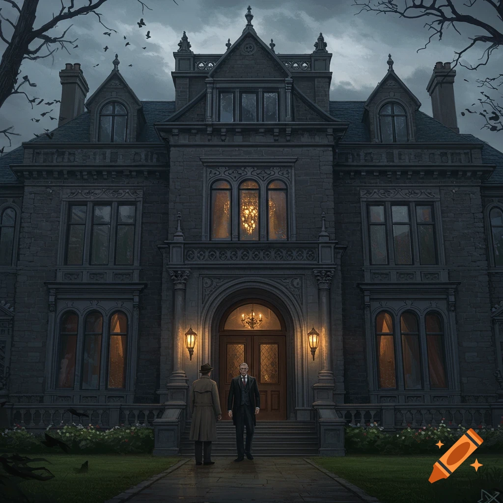 A dark gothic mansion with a detective and butler standing outside.