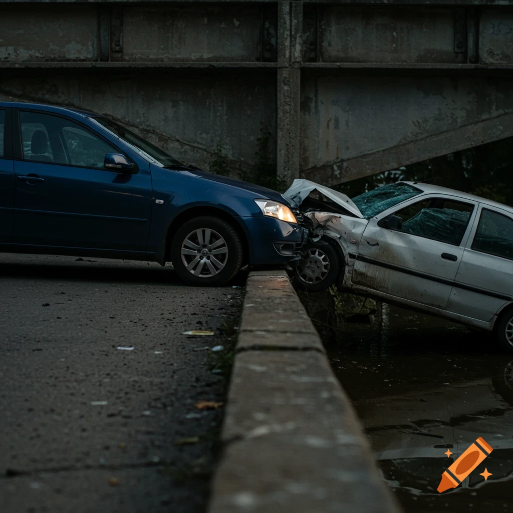A blue car is collided with a white car on a road next to a bridge with water underneath.