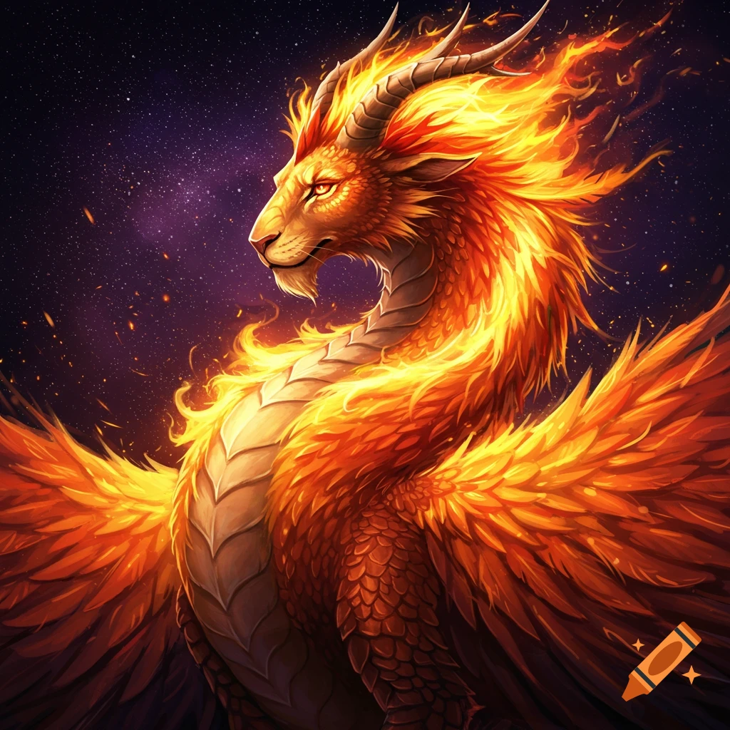 A fiery fantasy creature with large wings and horns is silhouetted against a starry sky.
