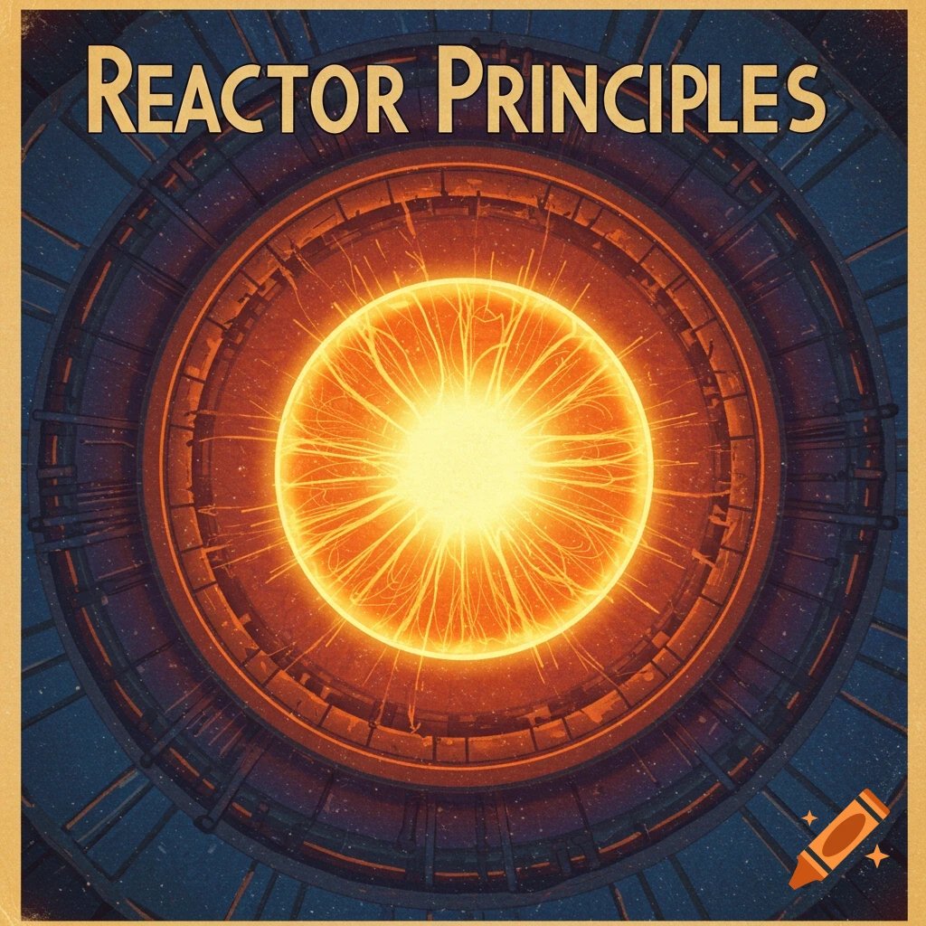 Glowing orange energy core within a circular reactor structure with text 'REACTOR PRINCIPLES'.
