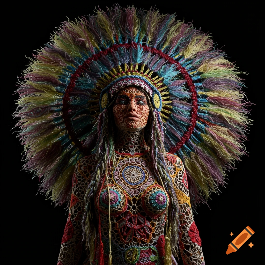 A person in a colorful crochet outfit and large circular headdress stands against a black background, like a fiber art sculpture.