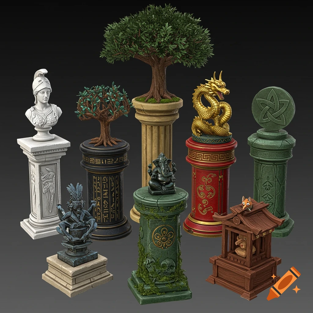 Collection of rendered 3D pedestals with mythological icons including a bust, trees, dragon, Ganesha, and celtic knot.