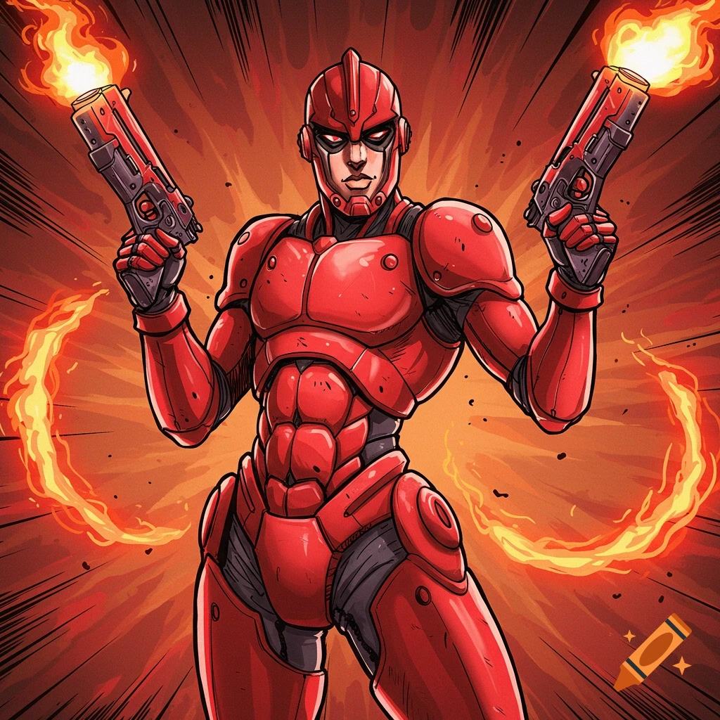 Red armored character holding two fire pistols in a comic art style.