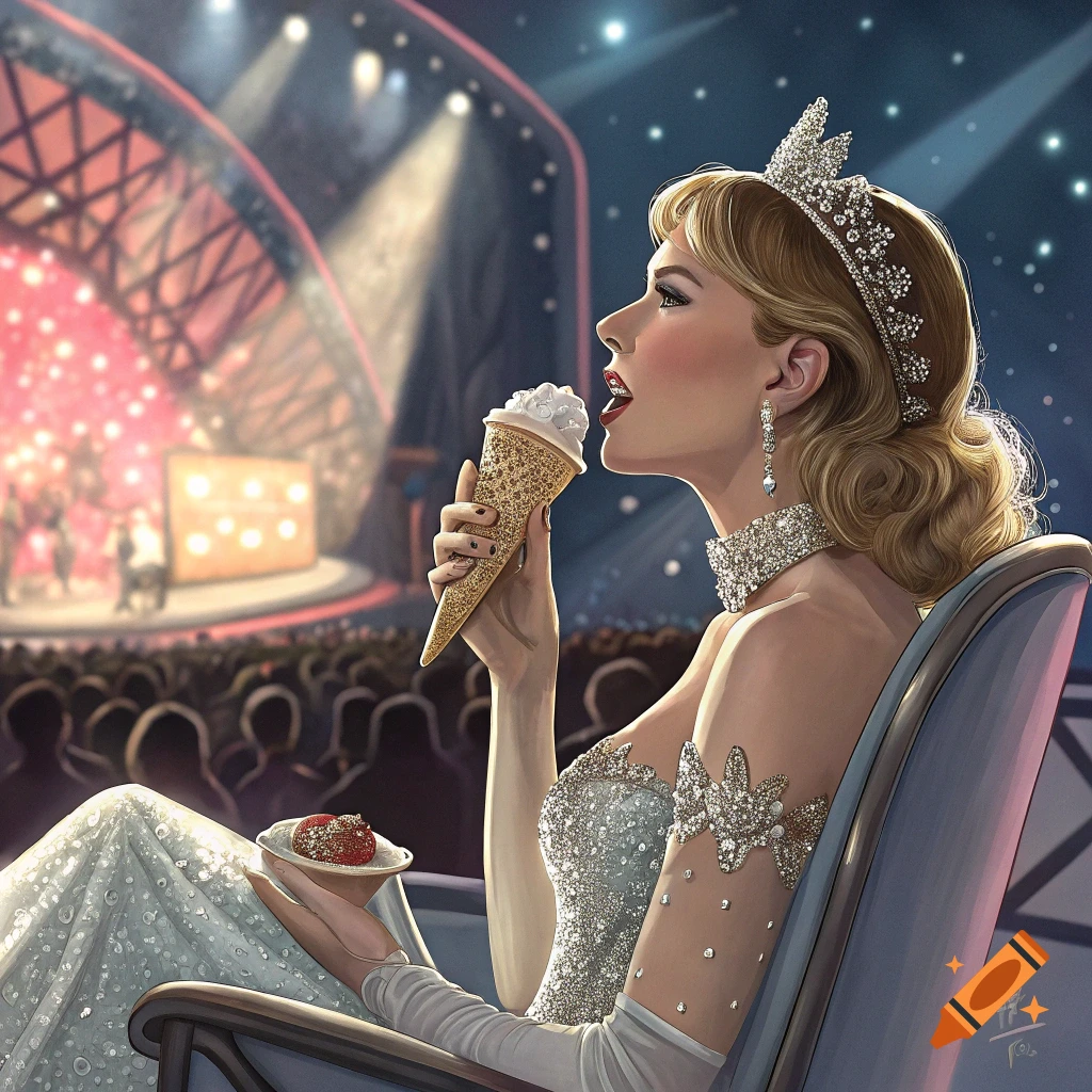 Illustration of a woman in a sparkling gown eating ice cream while watching a stage performance.
