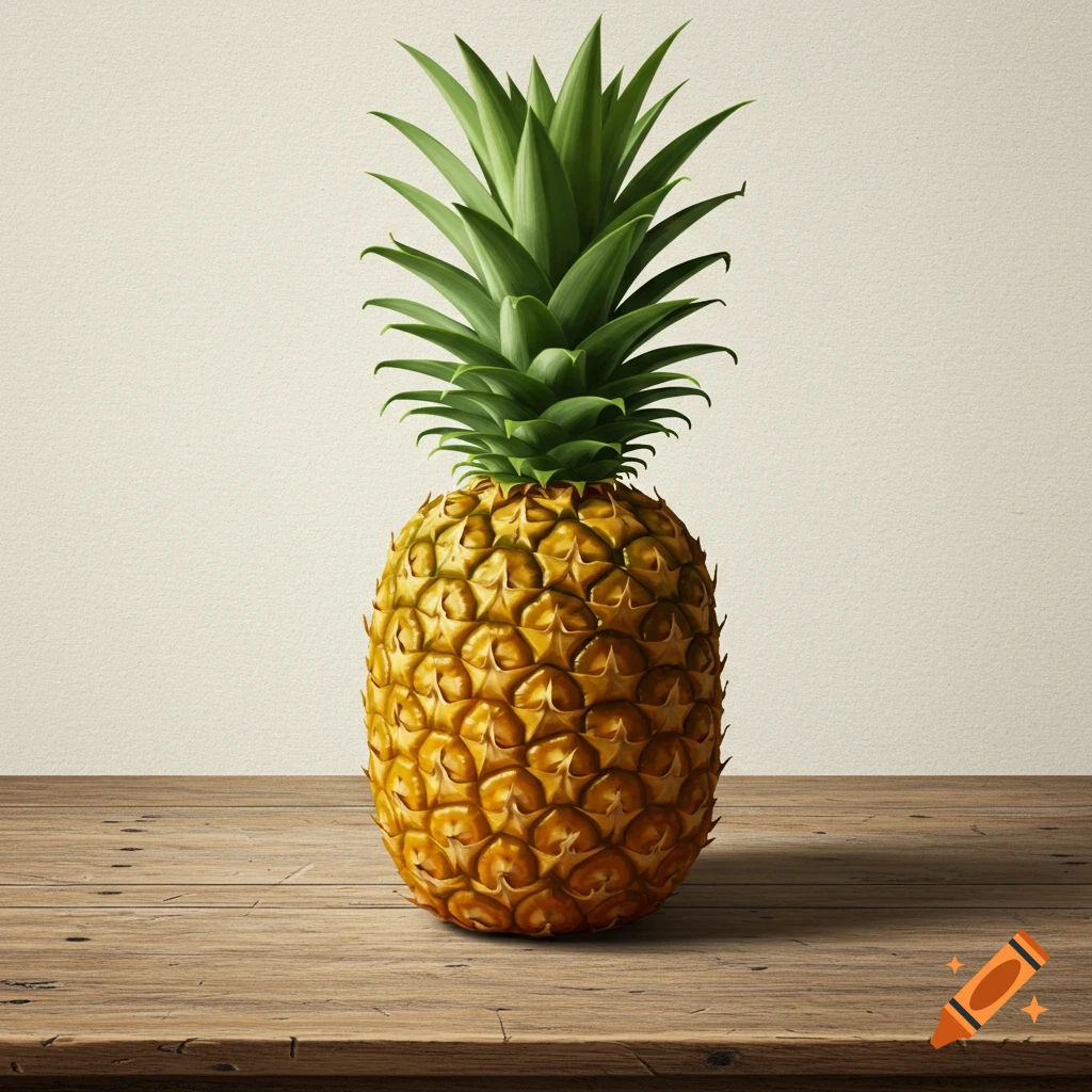 A pineapple stands on a wooden table.