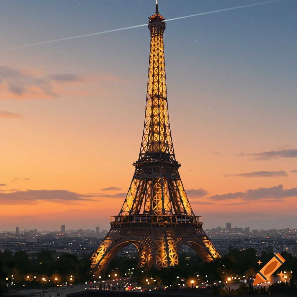 Eiffel Tower illuminated at sunset over Paris cityscape