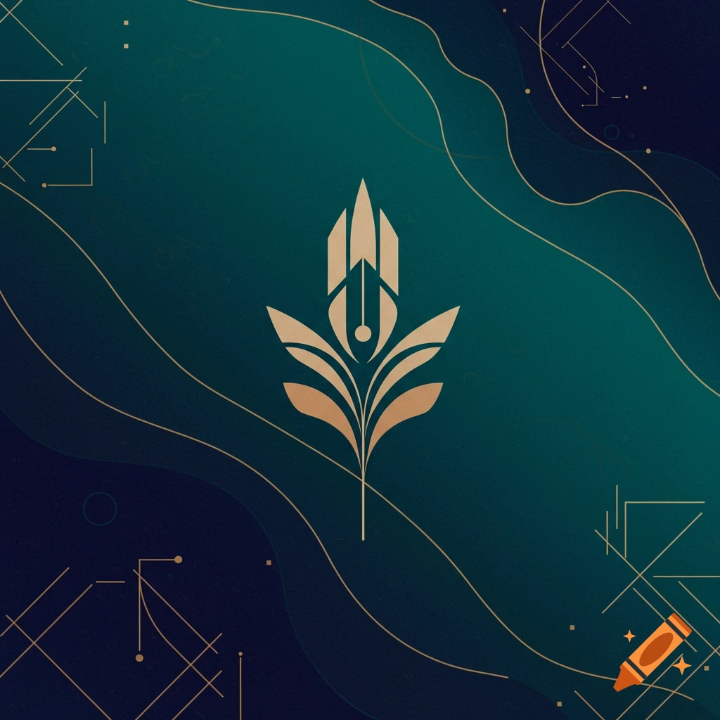 Abstract design with gold emblem and geometric lines on a gradient background.
