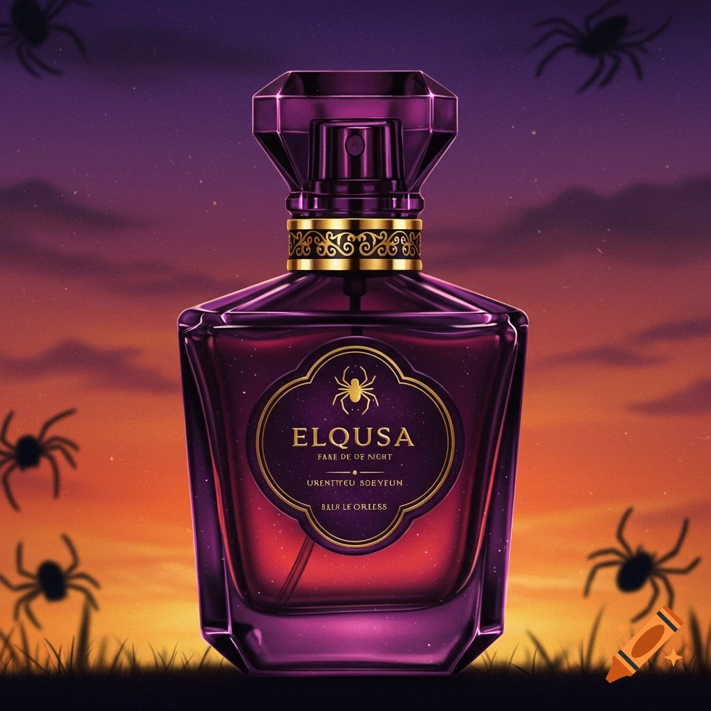 Purple perfume bottle with a spider logo on a label, surrounded by spider silhouettes against an evening sky.