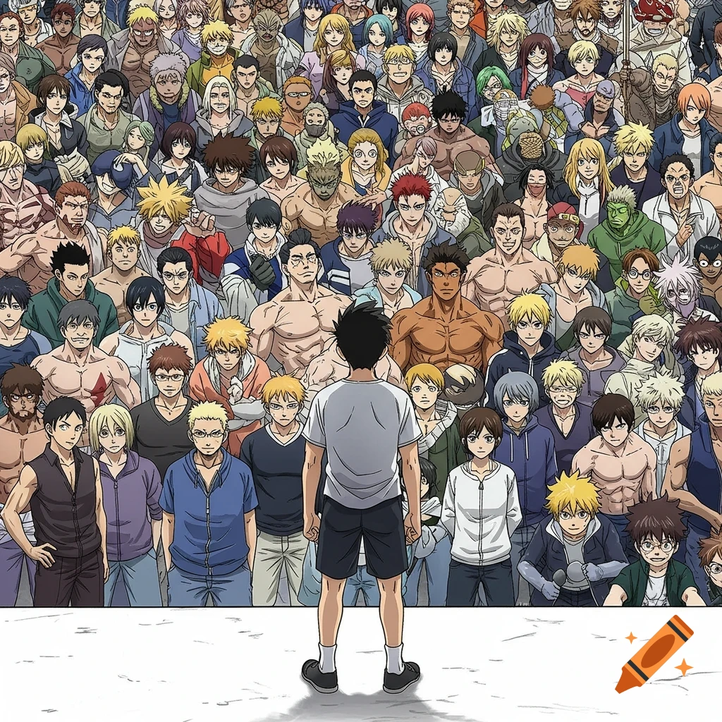 Anime style image of a person facing a large crowd of muscular men.