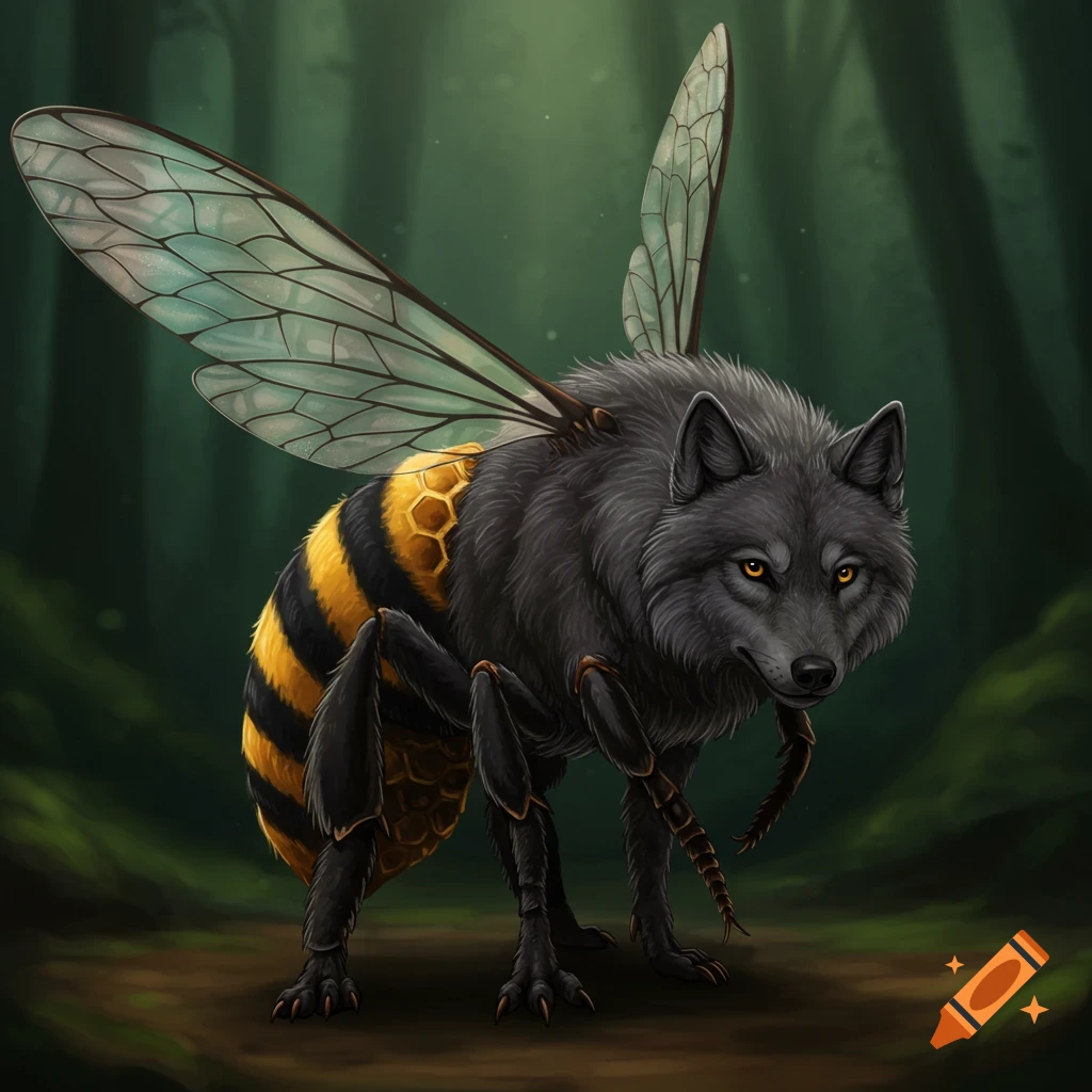 A wolf-bee hybrid stands in a forest.