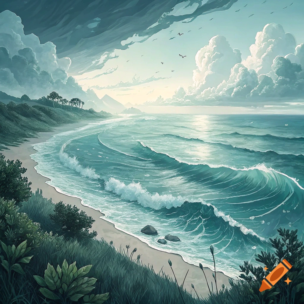 Painted beach scene with waves crashing on the shore, dunes, and dramatic clouds at sunset.