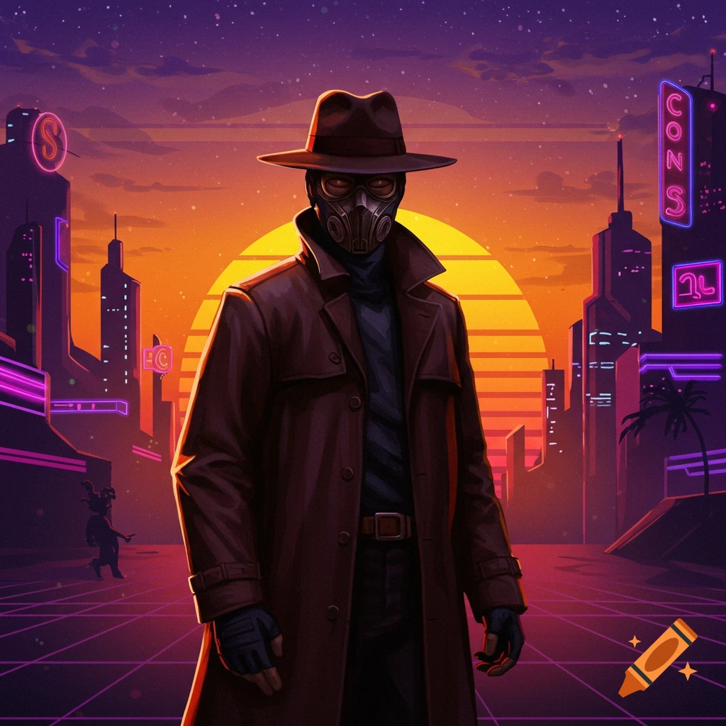 A person in a long coat, mask, and fedora standing in a retrofuturistic city at sunset.