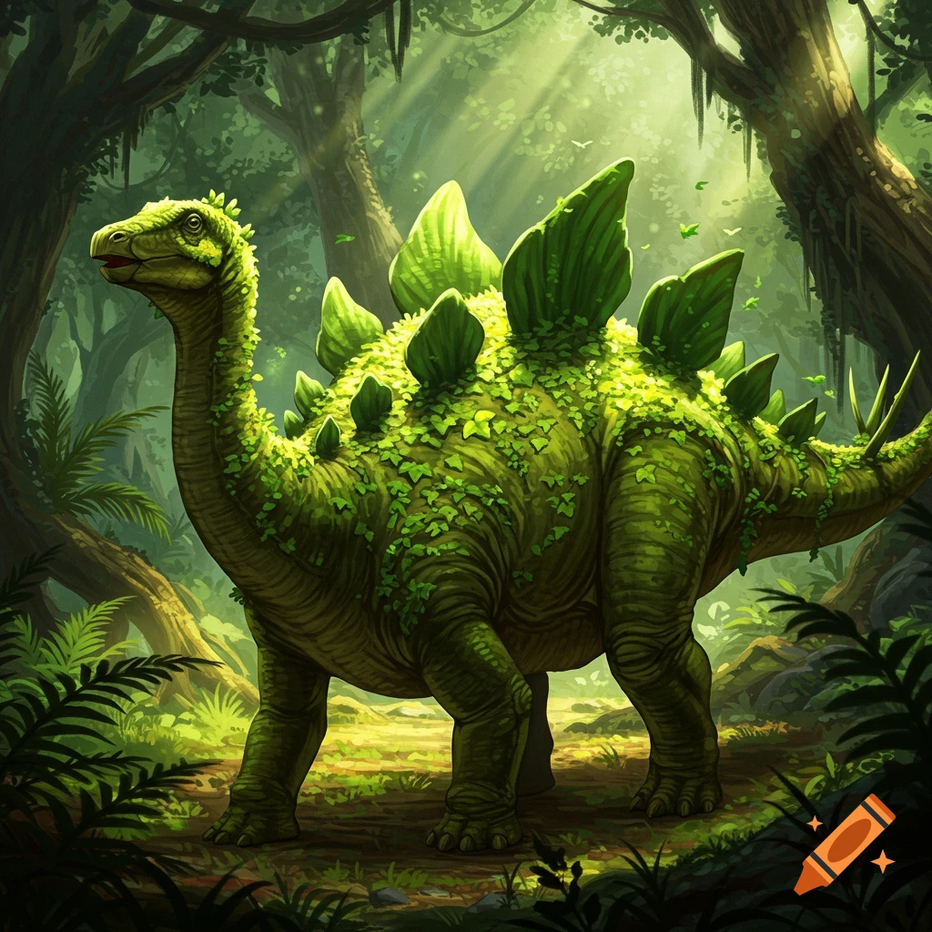 A green dinosaur covered in ivy stands in a sunlit jungle clearing.