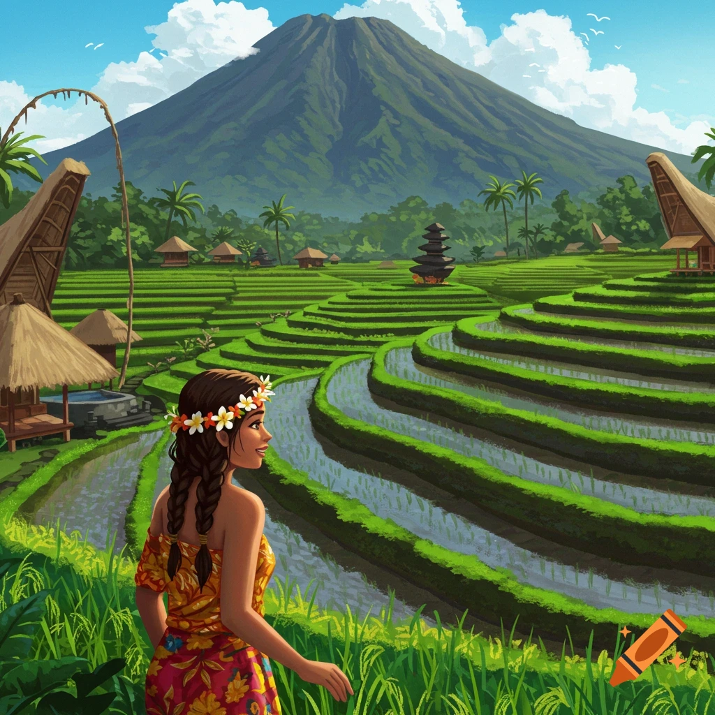 A woman looking over rice terraces in Bali with a volcano background