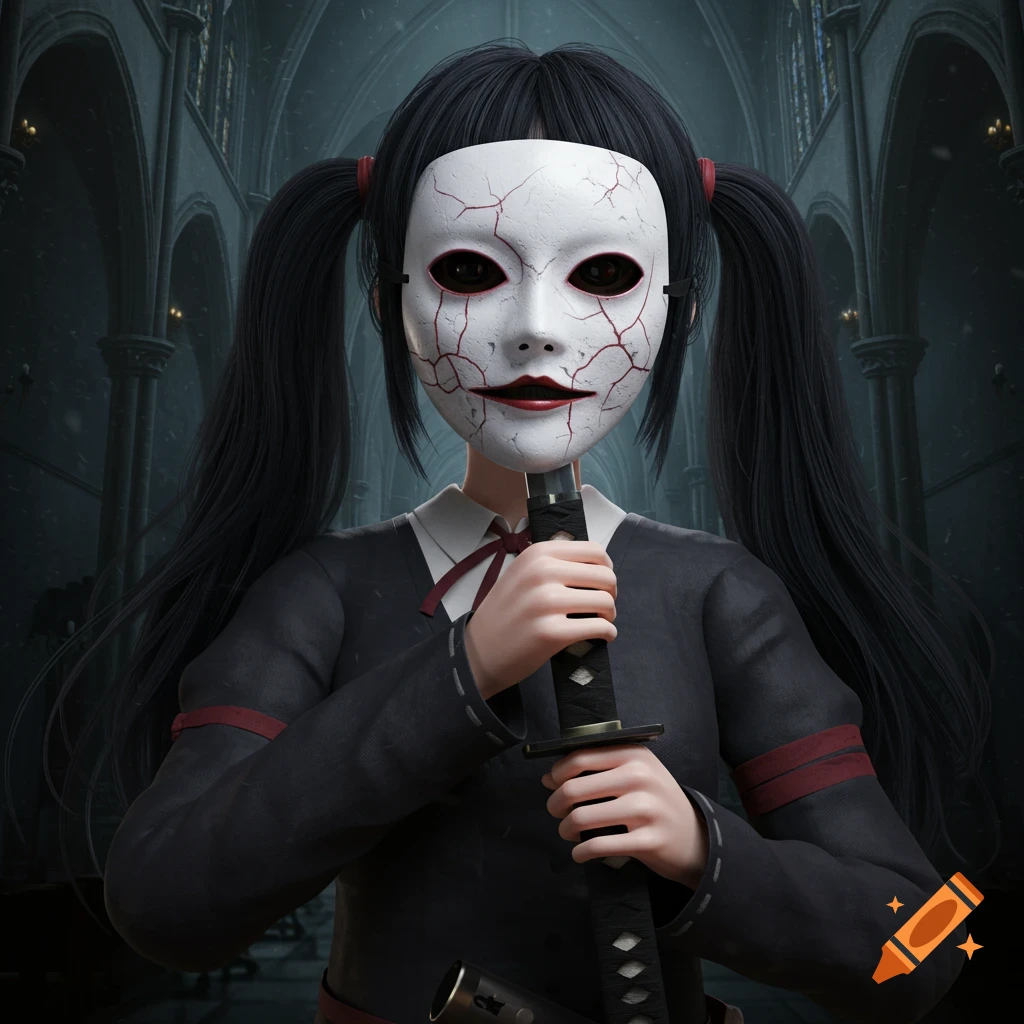 Anime girl in a cracked mask with pigtails holding a katana in a gothic cathedral.