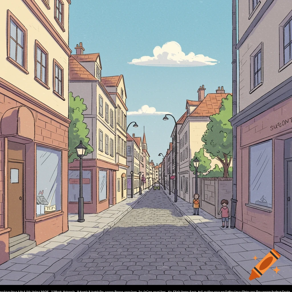A hand-drawn style illustration of a street view looking down a cobblestone road lined with European-style buildings.