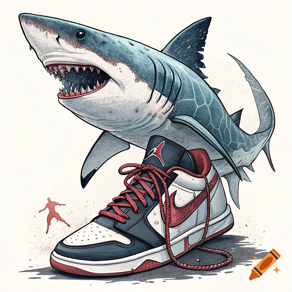 Illustration of a shark towering over a Jordan sneaker with a red Jumpman logo.