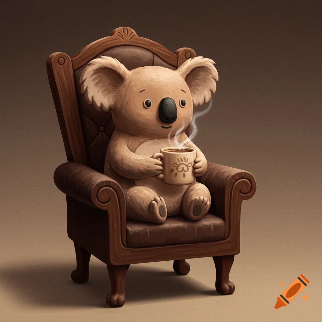 A cute cartoon koala sits in a large armchair, holding a steaming mug of coffee.