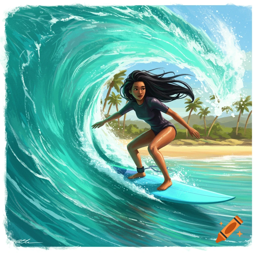 Painting of a woman surfing a large wave near a beach with palm trees.