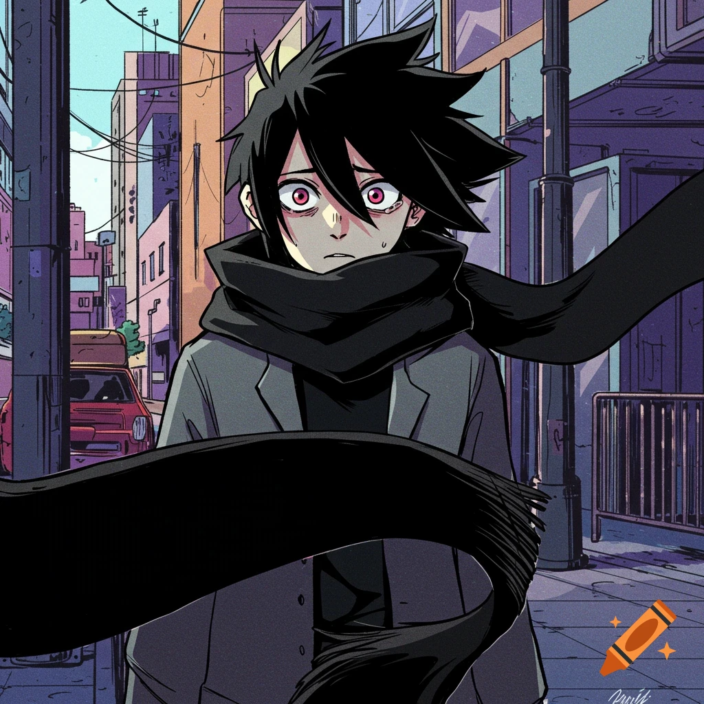 Manga character with black scarf looking distressed in a city street scene.
