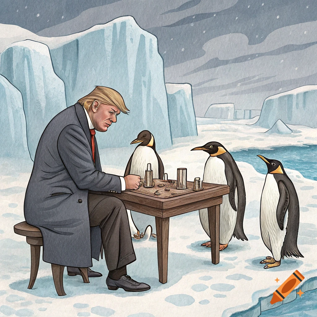 Caricature of Donald Trump with a penguin on his head and other ...