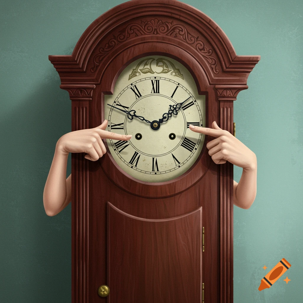 Human hands point at the Roman numerals on a grandfather clock face.