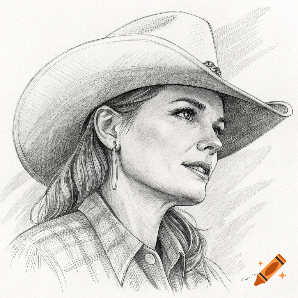 Pencil sketch of a woman wearing a cowboy hat, looking to the side