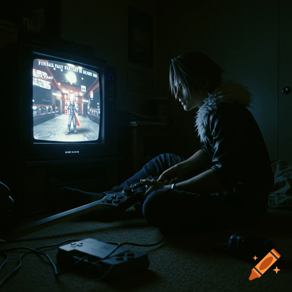 Figure plays a fantasy game on a retro CRT TV in a dark room with a large sword.