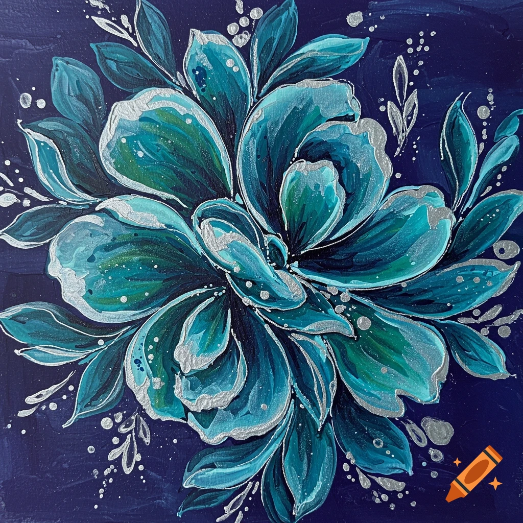 Abstract floral in shades of blue, green, and silver on a dark blue background.