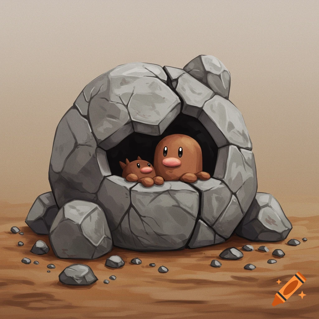 Two brown Diglett creatures are peering out from a cracked grey rock formation.