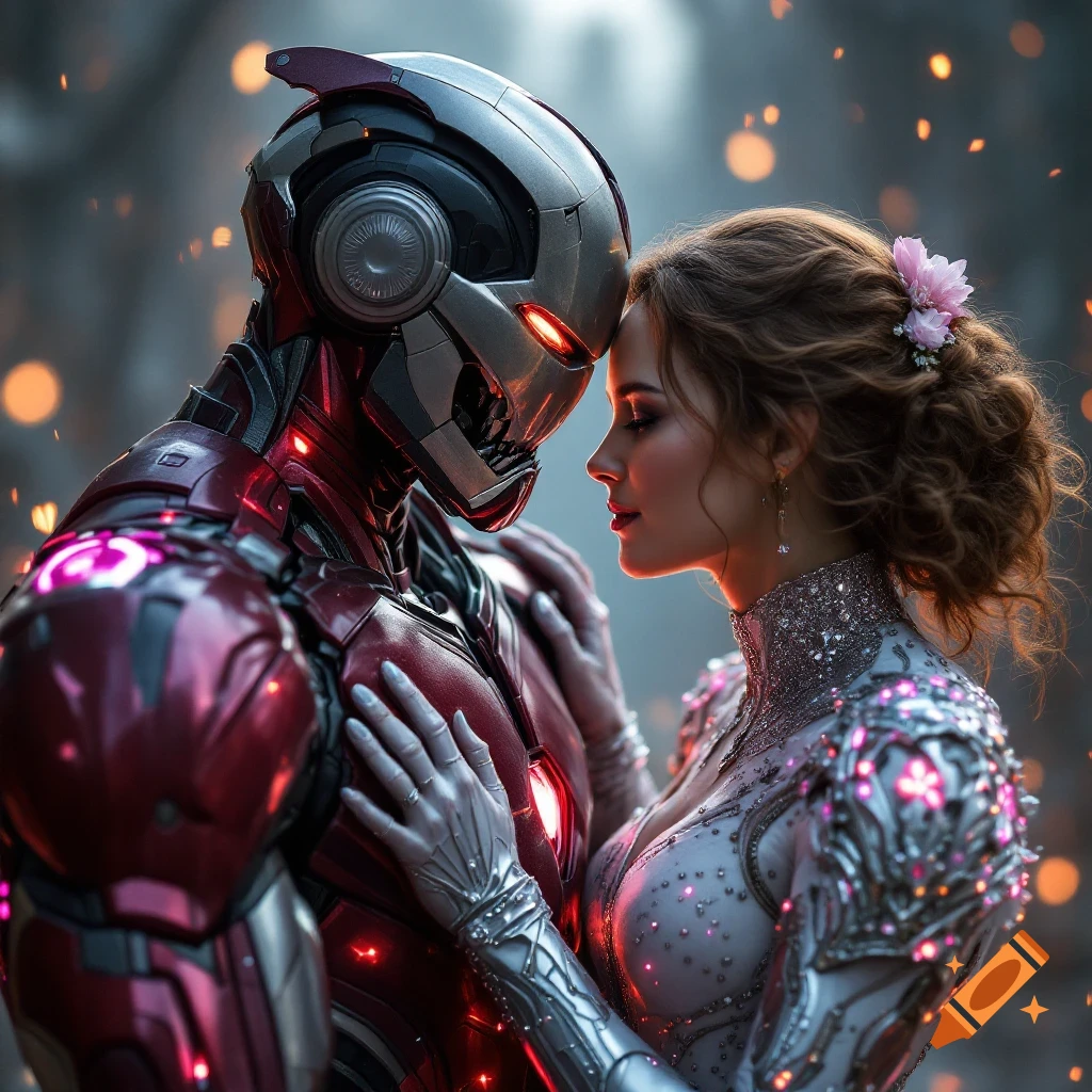 A robot and a woman embrace in a romantic science fiction scene with bokeh lights.