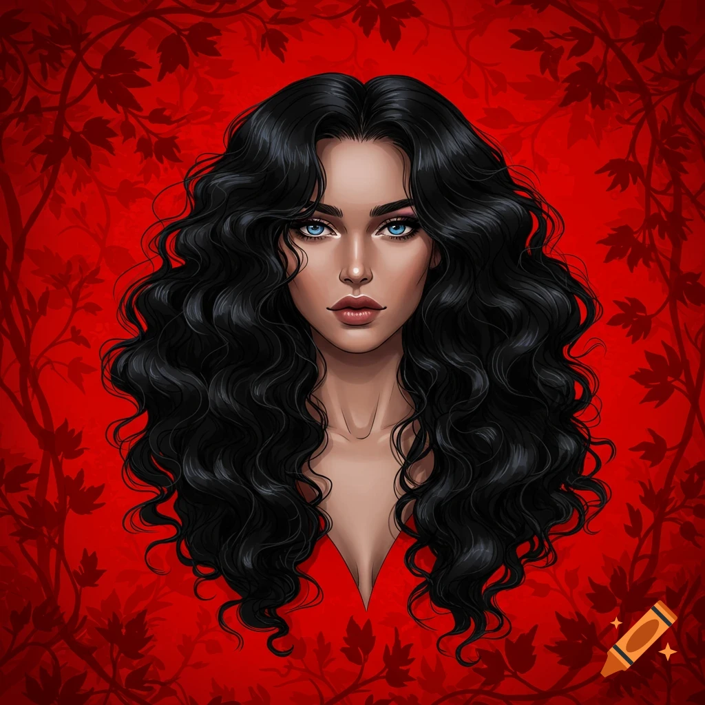Stylized portrait of a woman with long black curly hair and blue eyes against a red background with foliage.