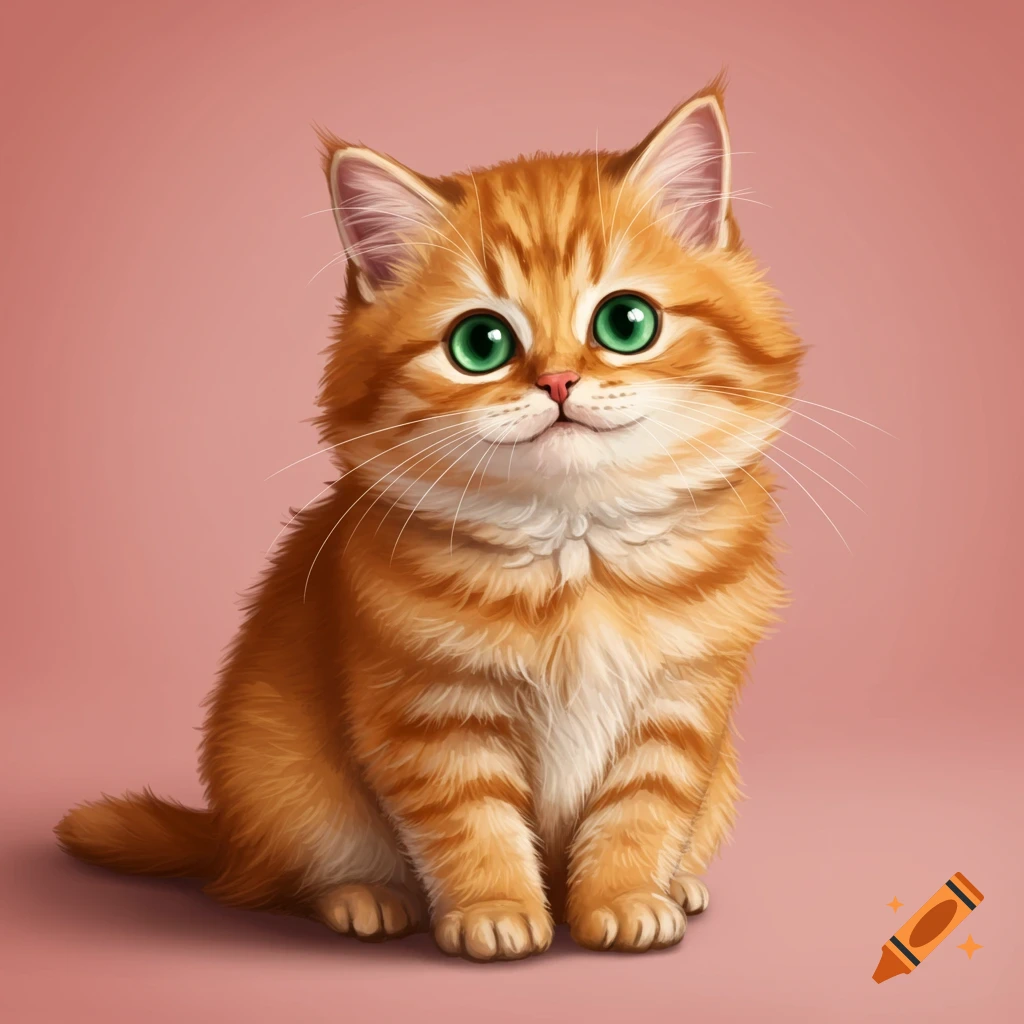 A cute orange tabby kitten with green eyes sits on a pink background.