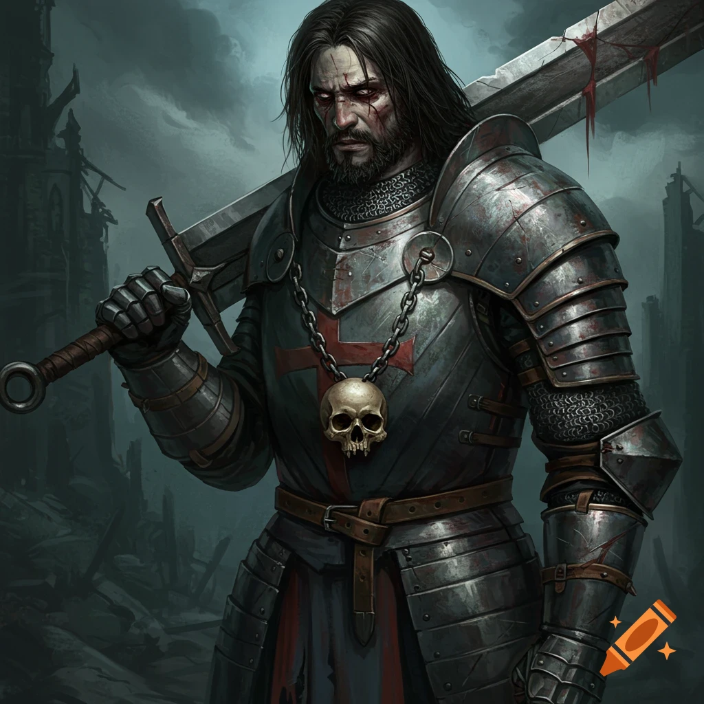 A knight in dark armor holding a large sword over his shoulder in a ruined landscape