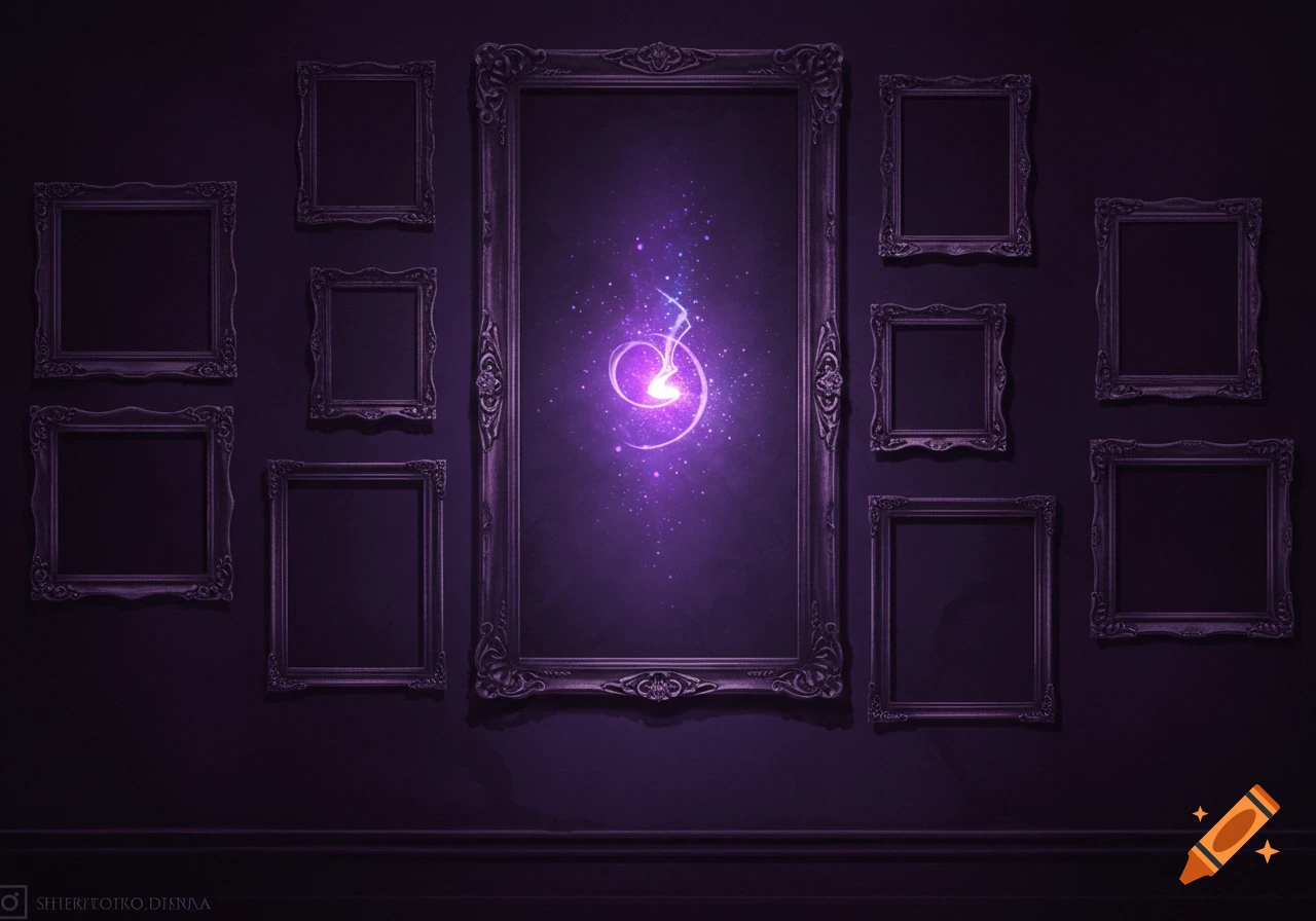 Ornate picture frames on a dark purple wall, with a swirling purple magic effect in the large central frame.