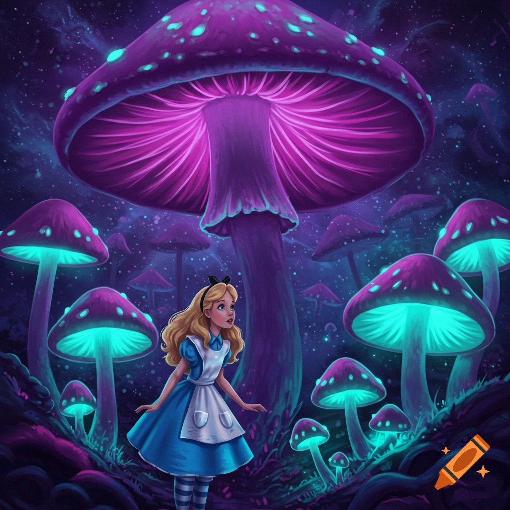 Alice in Wonderland standing in a vibrant fantasy forest with large, glowing purple and blue mushrooms.
