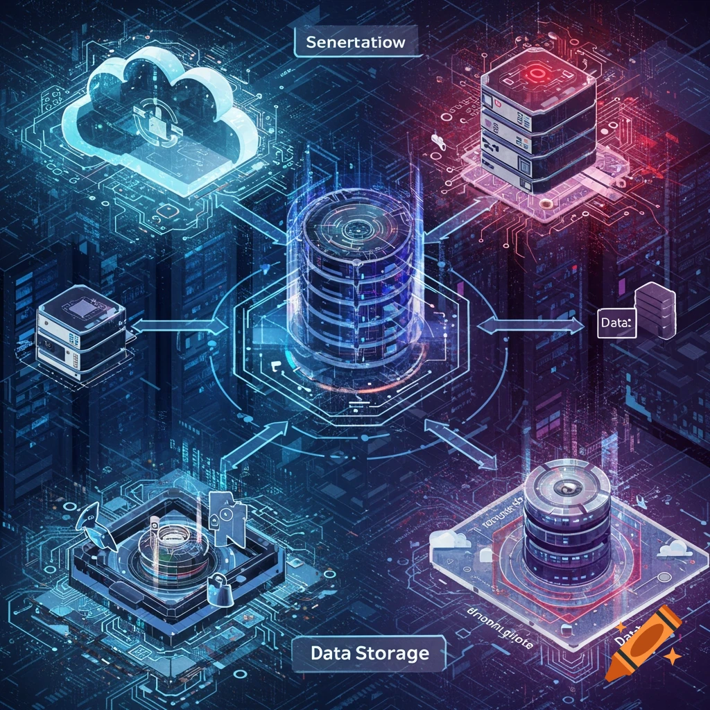 A data storage process diagram with servers, cloud, and abstract digital circuits.