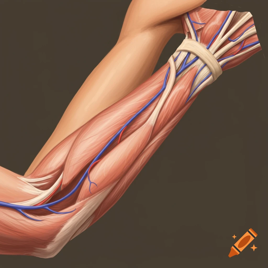 A forearm is shown, detailing muscles, veins, and arteries.